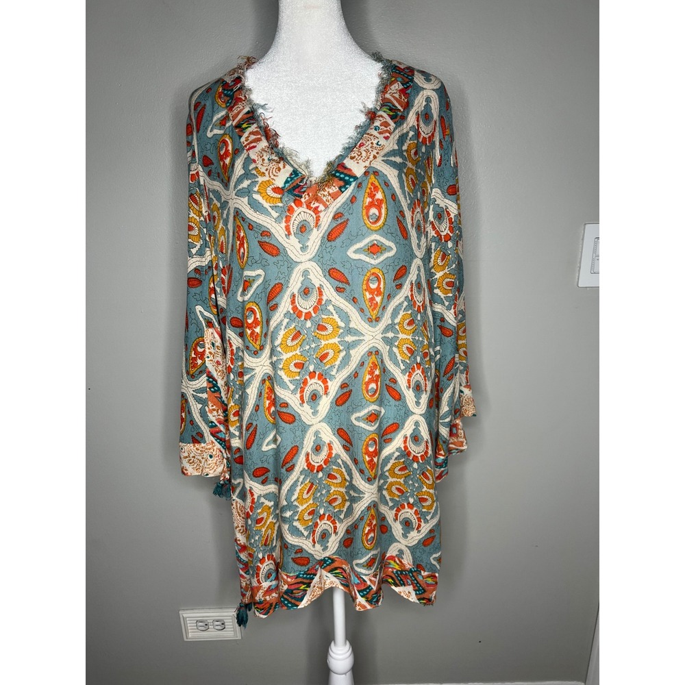 Lula Soul Boho Tunic Top Beach Cover Up Paisley Tassel Bell Sleeve Caftan Size M